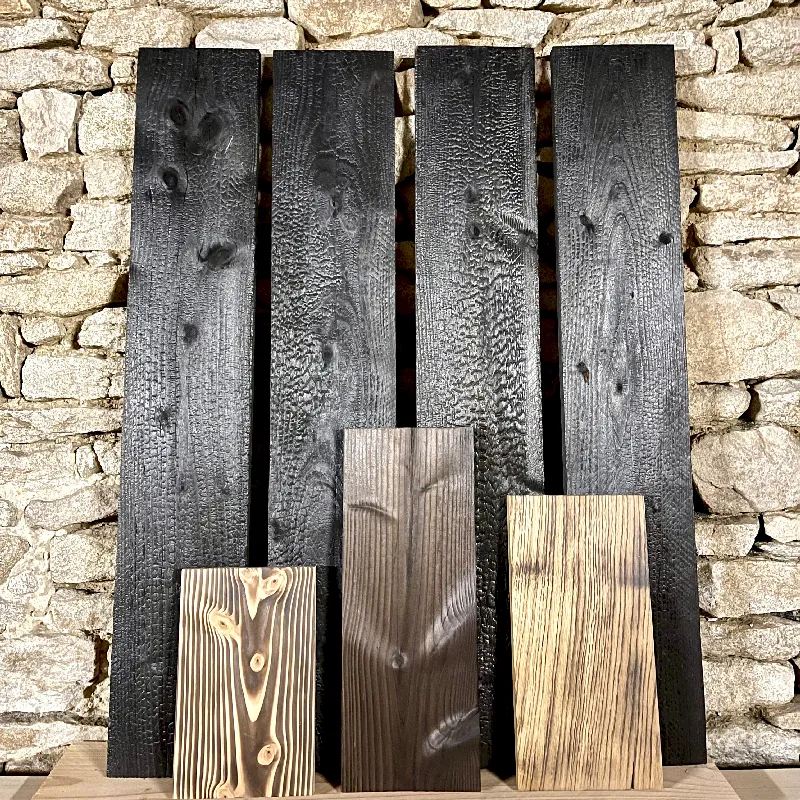Echantillons de bois brulé  atelier bois brulé concept Bretagne fabrication Française