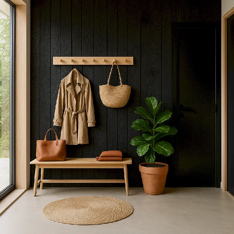 Habillage mural intérieur bois brulé noir intense vernis 