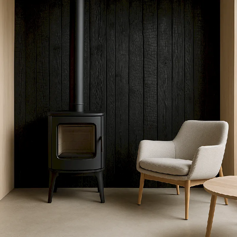 Revêtement mural intérieur en bois brulé habillage poêle à bois