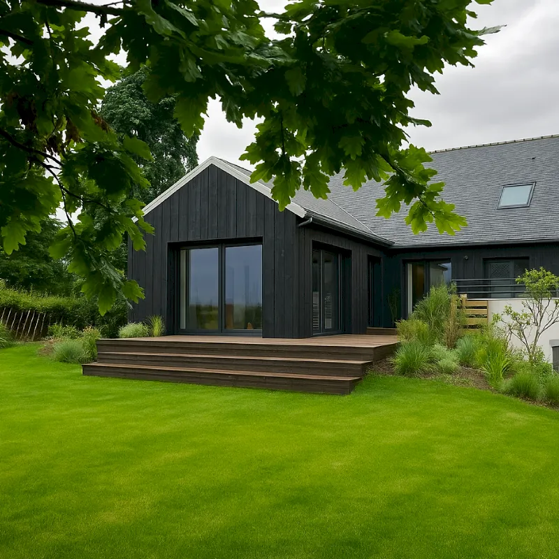 Bardage bois brulé noir intense huilé pose multi-largeurs 